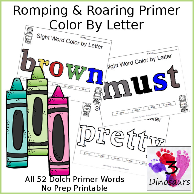 Color By Letter Sight Words for Dolch Primer - all 52 words - 3Dinosaurs.com