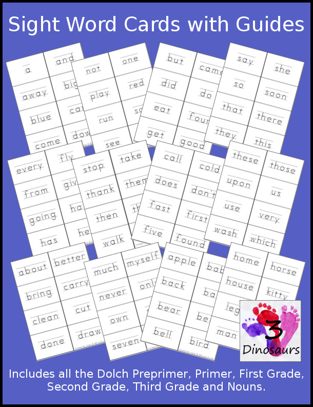 Free Sight Word Dolch Cards with Guides - Preprimer, Primer, First Grade, Second Grade, Third Grade, and Nouns - 3Dinosaurs.com