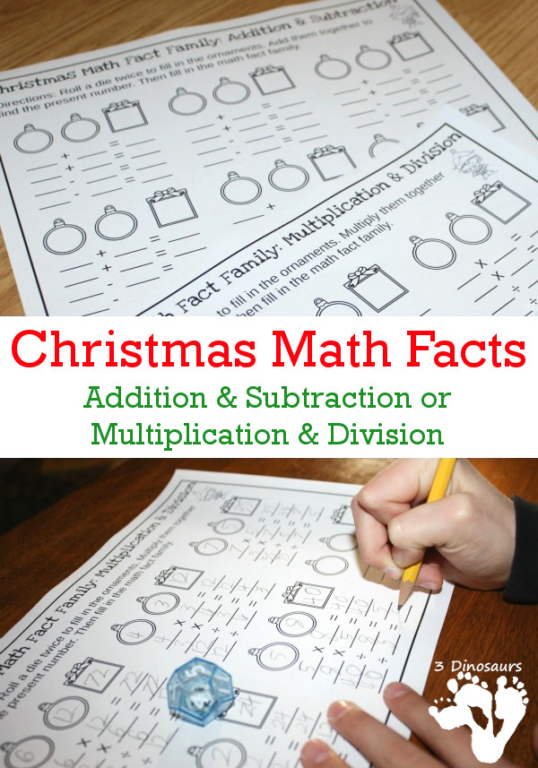 Free Easy No-Prep Christmas Math Facts - addition and subtraction or multiplication and division - 3Dinosaurs.com