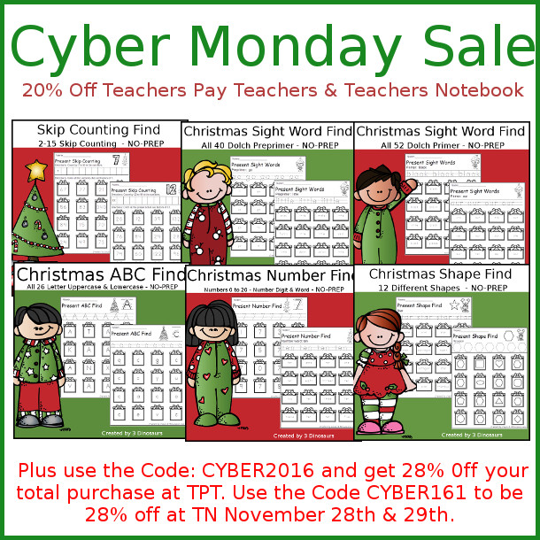 Free Cyber Monday Sale on TPT & TN 2016 - 3Dinosaurs.com