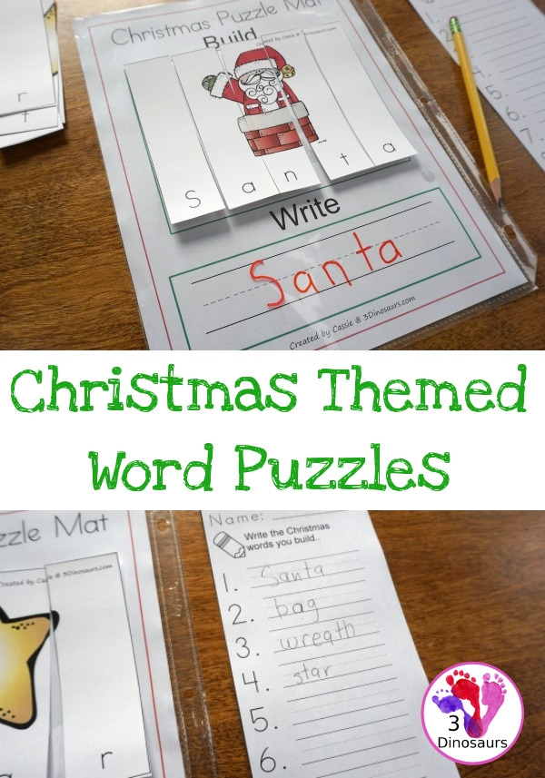 Free Christmas Themed Word Puzzles - 14 puzzles, building mat and writing sheet - 3Dinosaurs.com #handsonlearning #christmas #spelling #freeprintables