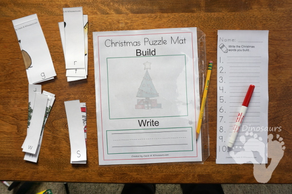 Free Christmas Themed Word Puzzles - 14 puzzles, building mat and writing sheet - 3Dinosaurs.com #handsonlearning #christmas #spelling #freeprintables