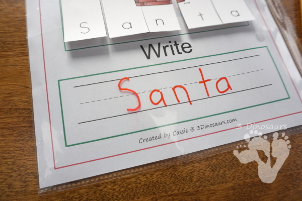 Free Christmas Themed Word Puzzles - 14 puzzles, building mat and writing sheet - 3Dinosaurs.com #handsonlearning #christmas #spelling #freeprintables