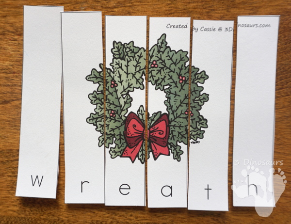 Free Christmas Themed Word Puzzles - 14 puzzles, building mat and writing sheet - 3Dinosaurs.com #handsonlearning #christmas #spelling #freeprintables