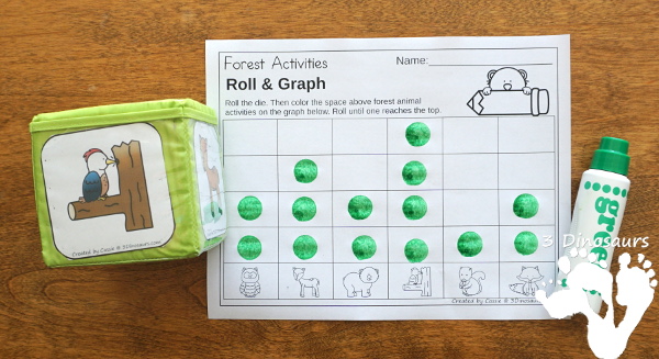 Easy to Use Forest Animals Graphing - with graphing and 2 dice options plus graphing ABCs, numbers, and shapes - 3Dinosaurs.com #graphing #mathforkids #kindergarten #prek #forestforkids 