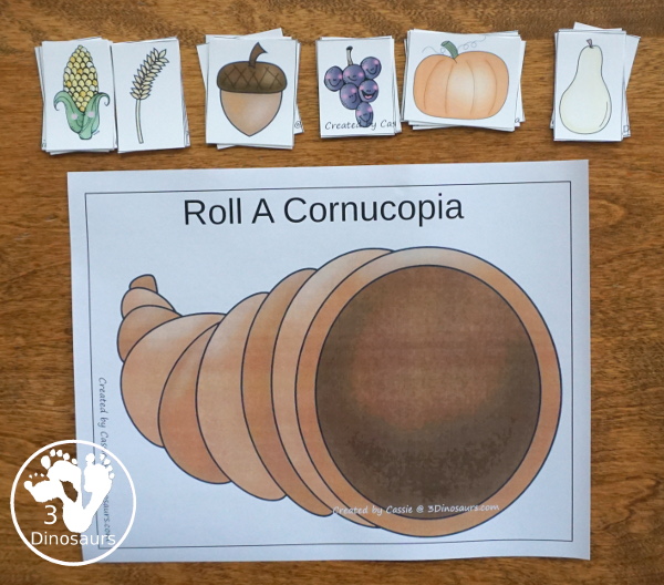 Free Roll A Cornucopia Printable - an easy way to work on counting 1 to 6, addition up to 12, or multiplication 1 to 6 or 1 to 12 with a hands-on math and recording sheet for addition and multiplication - 3Dinosaurs.com