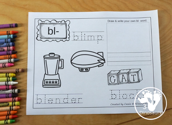 Free Blends Coloring Pages: Bl, Br, Cl, Cr with three words to trace and pictures to color - 3Dinosaurs.com