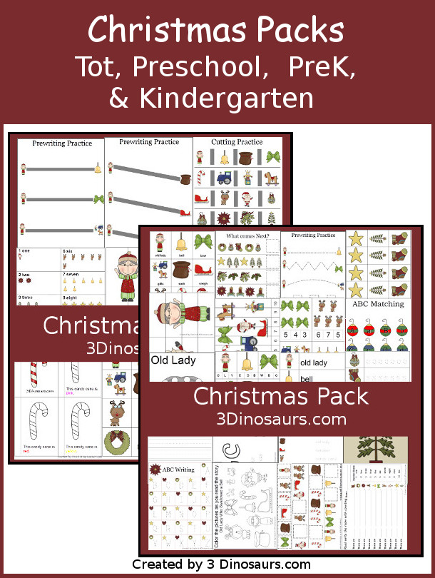 Free Christmas Pack - Tot, Preschool, Prek, & Kindergarten - two fun packs with loads of activities around Christmas themes and can be used with the Book There was an Old Lady Who Swallowed a Bell - 3Dinosaurs.com
