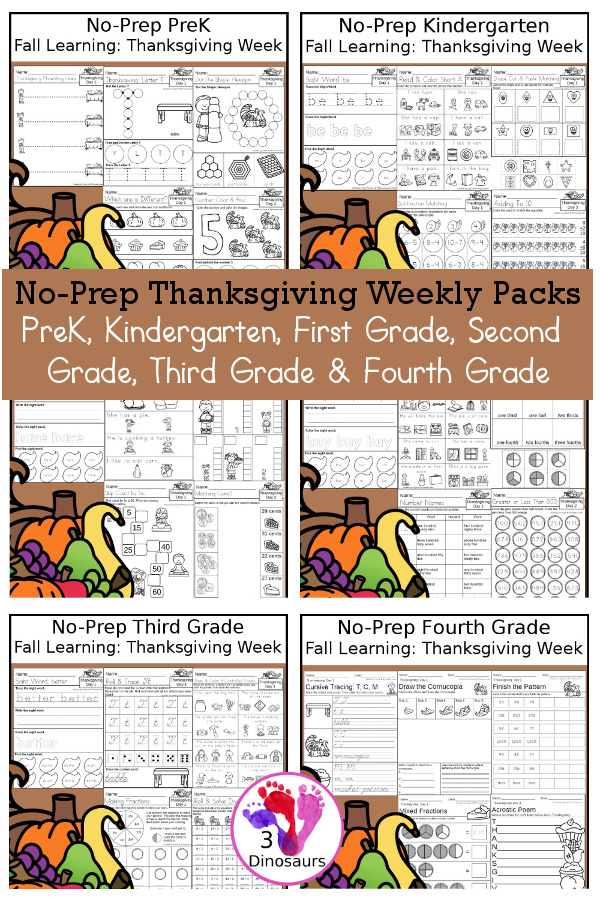 No-Prep Thanksgiving Themed Weekly Packs for PreK, Kindergarten, First Grade, Second Grade, Third Grade & Fourth Grade with 5 days of activities to do for each grade level - These are great for activities to do this fall for Thanksgiving dinner. Loads of thanksgiving foods for kids to learn while learning - 3Dinosaurs.com