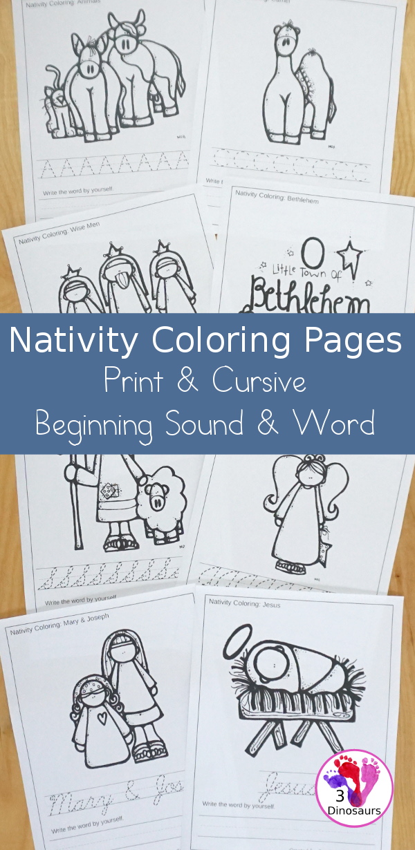 Free Nativity Coloring with Word Print & Cursive  with 9 nativity words and four options for the coloring - 3Dinosaurs.com