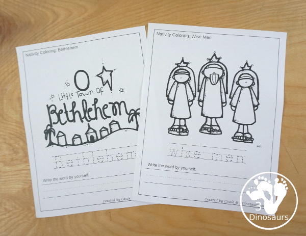 Free Nativity Coloring with Word Print & Cursive  with 9 nativity words and four options for the coloring - 3Dinosaurs.com