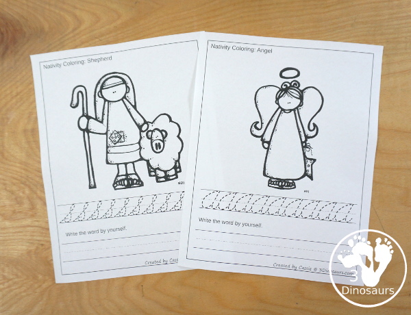 Free Nativity Coloring with Word Print & Cursive  with 9 nativity words and four options for the coloring - 3Dinosaurs.com