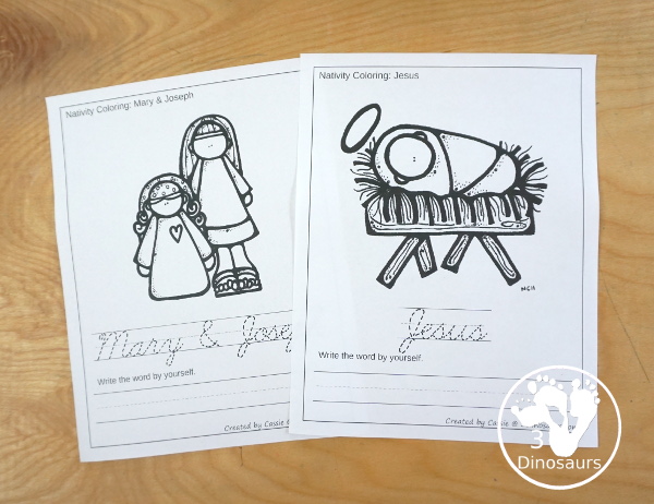 Free Nativity Coloring with Word Print & Cursive  with 9 nativity words and four options for the coloring - 3Dinosaurs.com