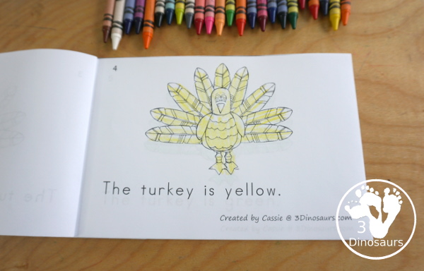 Turkey Color Pack - with 70 pages of printables with color easy reader book, color clip cards, color tracing strips, color writing strips, color pocket chart cards, color word writing, color word puzzles, and more all to work on learning color words. This is a great thanksgiving theme - 3Dinosaurs.com