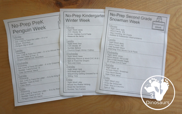 No-Prep Weekly Packs for the Winter for Prek to 4th Grade - You have the following winter themes: gingerbread man, Christmas, winter, New Years', snowman, animals in winter, arctic animals, penguins, Valentines, weather, and St. Patrick's Day - 3Dinosaurs.com