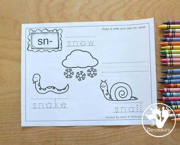 Free Blends Coloring Pages  SN - you have three words on each page with tracing the blends and the coloring the picture with space to make draw and write their own blend word - 3Dinosaurs.com