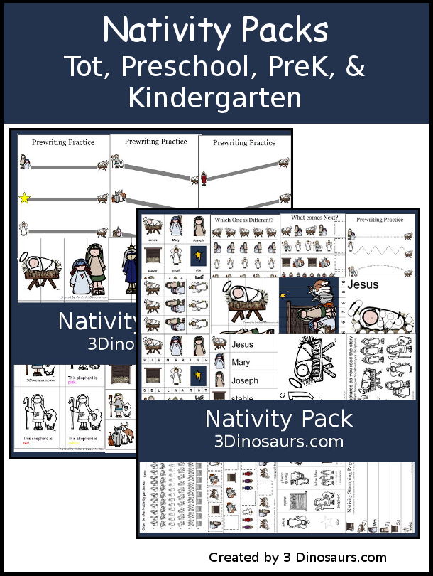 Free Nativity Pack for Tot, Preschool, Prek and Kindergarten with 60 pages of activities for the Nativity Story for kids. 3Dinosaurs.com