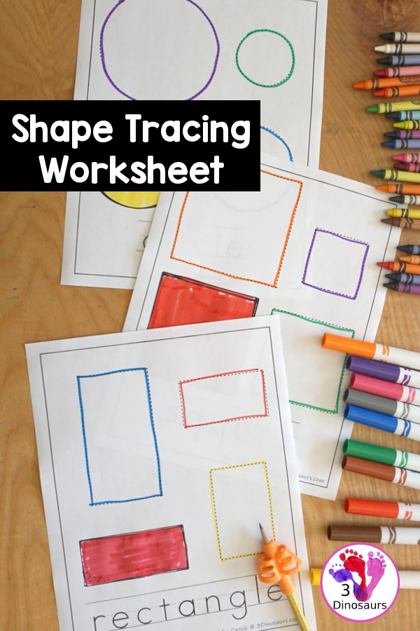 Free Shape Tracing Printable with Coloring has three shapes to trace on each page, a shape to color and the shape word below. - 3Dinosaurs.com