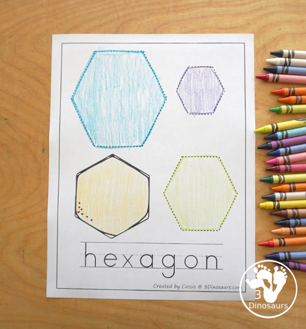 Free Shape Tracing Printable with Coloring has three shapes to trace on each page, a shape to color and the shape word below. - 3Dinosaurs.com