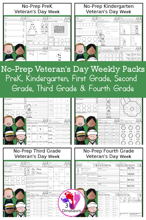 No-Prep Veteran's Day Weekly Packs PreK, Kindergarten, First Grade, Second Grade, Third Grade & Fourth Grade with 5 days of activities to do for each grade level With loads of different veteran themes - You will find a mix of math, language, and more - These are easy to use packs for November learning, Veteran's Day themes, and morning work. Easy no-prep printables for kids with four pages for each day - 3Dinosaurs.com