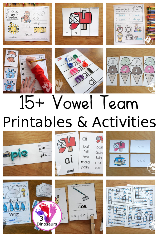 15+ Vowel Team Printables & Activities - with wall cards, puzzles, hands-on learning, no-prep printables and more all working on vowel team words - 3Dinosaurs.com