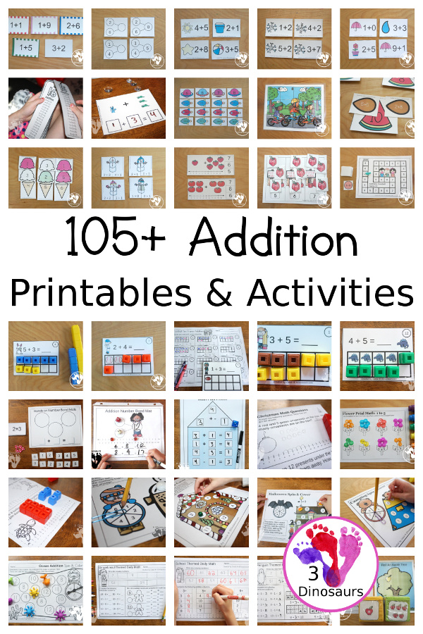 101+ Addition Printables & Activities - with a mix of cards, bookmarks, worksheets, task cards, ten frame cards, help mats, number bonds, math fact house, no-prep seasonal worksheets, addition maths and more - 3Dinosaurs.com