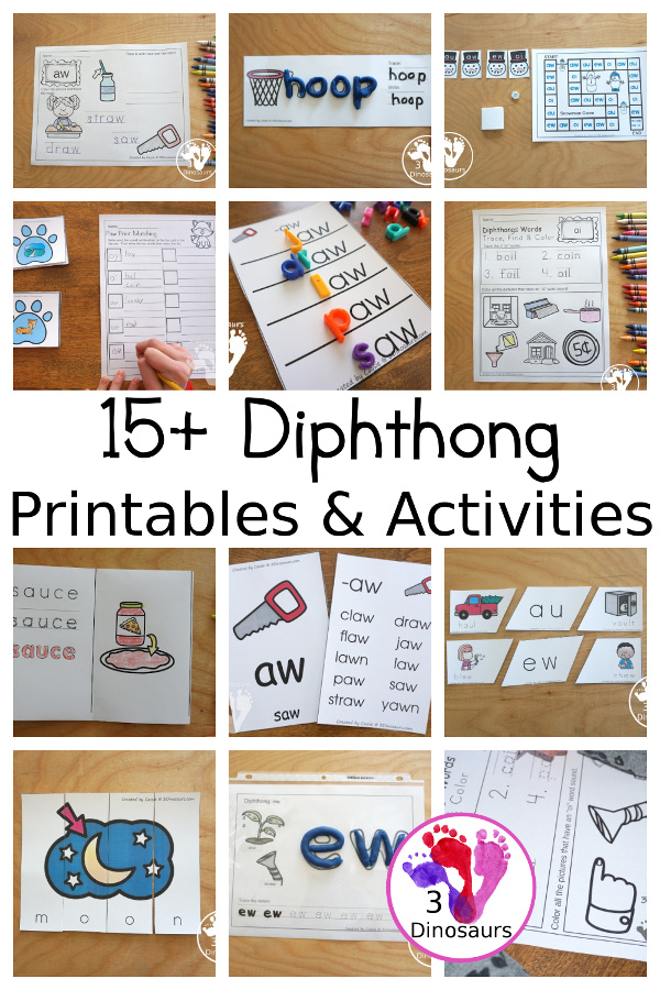 15+ Diphthong Printables & Activities - with diphthong wall cards, diphthong ladders, hands-on printables and more to work on diphthongs - 3Dinosaurs.com