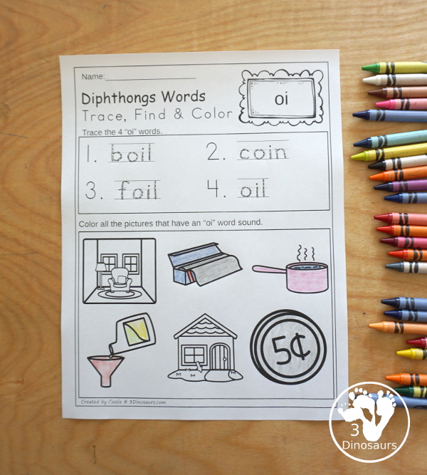 Diphthong Trace & Color Worksheet -You have four words to trace and then find the pictures for each word below - 3Dinosaurs.com