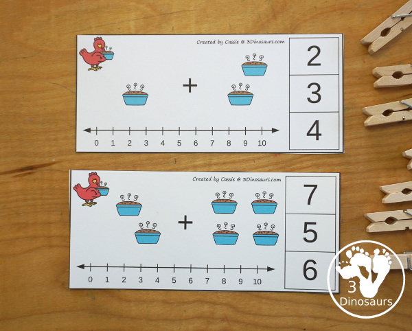 Free Little Red Hen Addition Clip Card Printables: Addition 1 to 10 - with addition with loaves of bread and clip the answers on the side with a number line below to help with the addition. - 3Dinosaurs.com