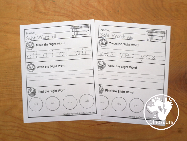 Sight Word Find & Trace Simple Primer Printable - All 52 Primer Sight Words - it has two lines of tracing the sight word and two lines of finding the sight words with simple and easy to use layout and not to much on the page to distract kids with examples of what they are doing for the sight word - 3Dinosaurs.com