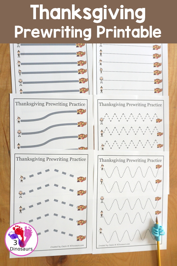 Free Thanksgiving Prewriting Practice Printables 7 thick solid prewriting lines, 7 thick dashed prewriting lines, 14 thin dashed prewriting lines with natives, pilgrims and cornucopia theme. 3Dinosaurs.com