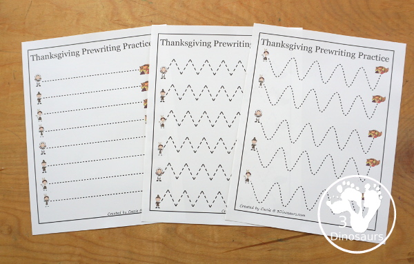 Free Thanksgiving Prewriting Practice Printables 7 thick solid prewriting lines, 7 thick dashed prewriting lines, 14 thin dashed prewriting lines with natives, pilgrims and cornucopia theme. 3Dinosaurs.com