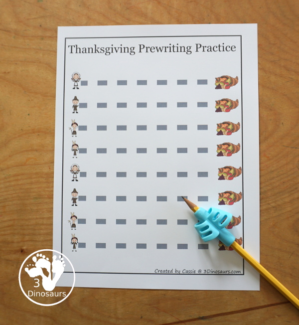 Free Thanksgiving Prewriting Practice Printables 7 thick solid prewriting lines, 7 thick dashed prewriting lines, 14 thin dashed prewriting lines with natives, pilgrims and cornucopia theme. 3Dinosaurs.com