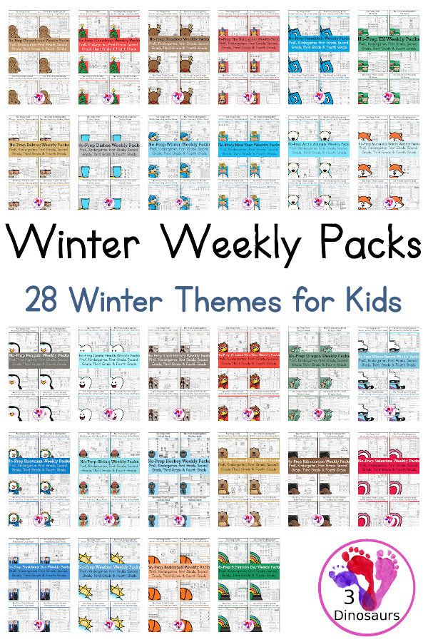 No-Prep Weekly Packs for the Winter for Prek, kindergarten, first grade, second grade, third grade, fourth grade - You have the following winter themes: gingerbread man, Christmas, Reindeer, winter, New Years', snowman, animals in winter, arctic animals, penguins, winter sports, Chinese New Year, Groundhog Day, Valentines, weather, and St. Patrick's Day - 3Dinosaurs.com