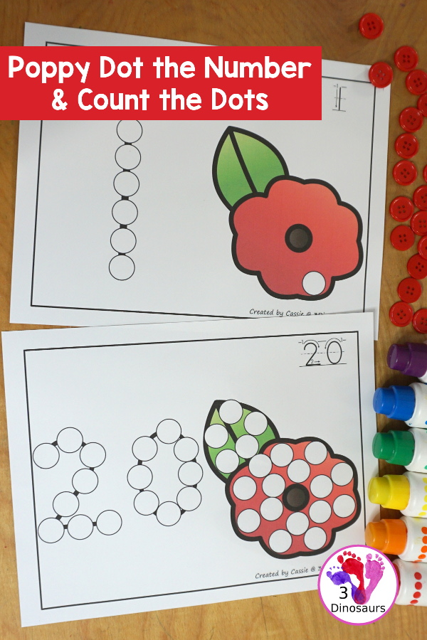 Poppy Dot the Number & Counting: - Numbers 0 to 20 with dot marker numbers and dots on the poppy to count. - 3Dinosaurs.com
