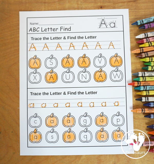 Pumpkin ABC Letter Find with Uppercase Find and Lowercase Find Printable - has all 26 letters of the alphabet with uppercase letter find and lowercase letter find on the same pages with tracing letters - 3Dinosaurs.com