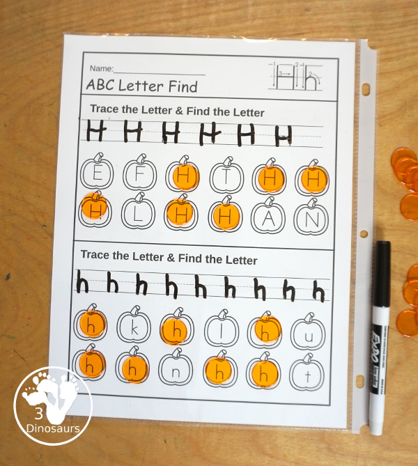 Pumpkin ABC Letter Find with Uppercase Find and Lowercase Find Printable - has all 26 letters of the alphabet with uppercase letter find and lowercase letter find on the same pages with tracing letters - 3Dinosaurs.com