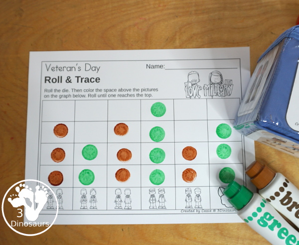 Veteran's Day Roll & Graph With Trace Letters, Numbers & Shapes with a folding die and cube die with a graphing sheet, graphing with tracing numbers, graphing with tracing letters and graphing with tracing shapes. All with a fun military theme for prek and kindergarten. - 3Dinosaurs.com