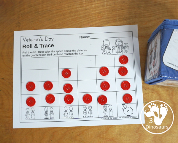 Veteran's Day Roll & Graph With Trace Letters, Numbers & Shapes with a folding die and cube die with a graphing sheet, graphing with tracing numbers, graphing with tracing letters and graphing with tracing shapes. All with a fun military theme for prek and kindergarten. - 3Dinosaurs.com