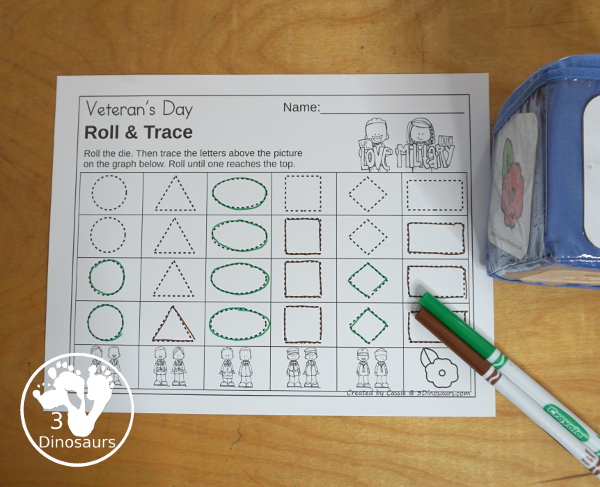 Veteran's Day Roll & Graph With Trace Letters, Numbers & Shapes with a folding die and cube die with a graphing sheet, graphing with tracing numbers, graphing with tracing letters and graphing with tracing shapes. All with a fun military theme for prek and kindergarten. - 3Dinosaurs.com