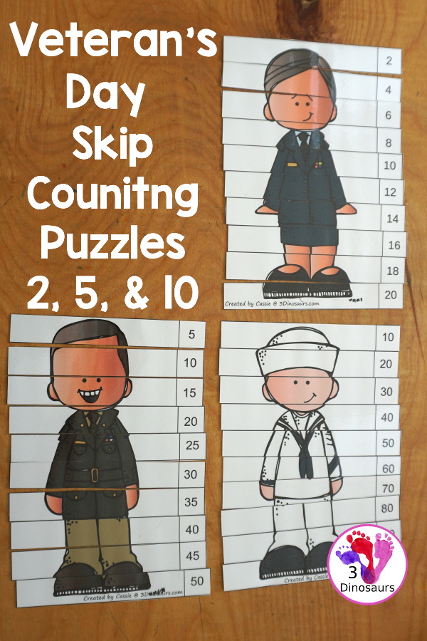 Free Veteran's Day Skip Counting Puzzles: Skip Count by 2, 5, 10 & 11 - fun skip counting puzzles with military people in the puzzles and an easy way to work on skip counting.  - 3Dinosaurs.com