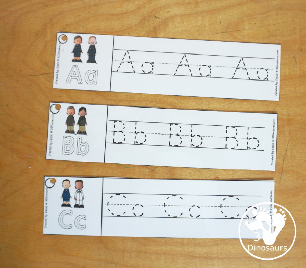 Free Veteran's Day ABC Tracing Strips - with uppercase and lowercase together. You have fun kids with a military theme plus you can see an example of how to trace the letters - 3Dinosaurs.com
