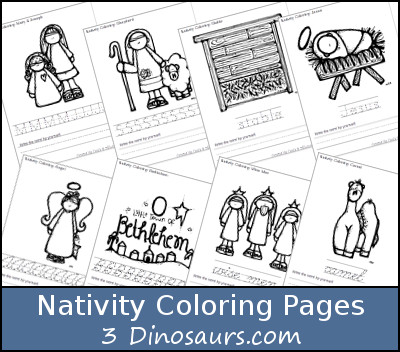 Free Nativity Coloring with Word Print & Cursive - 3Dinosaurs.com