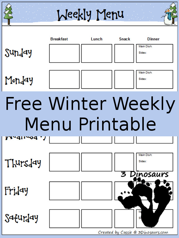 Free Winter Weekly Menu Printable - 3Dinosaurs.com