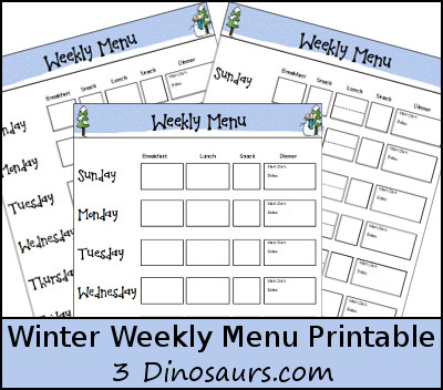 Free Winter Weekly Menu Printable - 3Dinosaurs.com