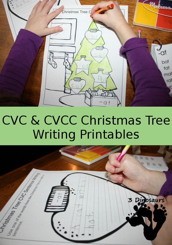 FREE CVC & CVCC Word Family Christmas Tree Writing Printable - ornaments on the tree and a writing page for each word family - 3Dinosaurs.com