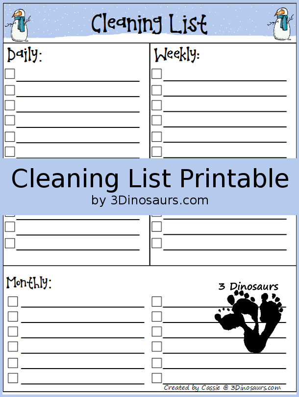 Monthly Goals January 2016 Plus FREE Monthly Cleaning Chart Printable - 3Dinosaurs.com