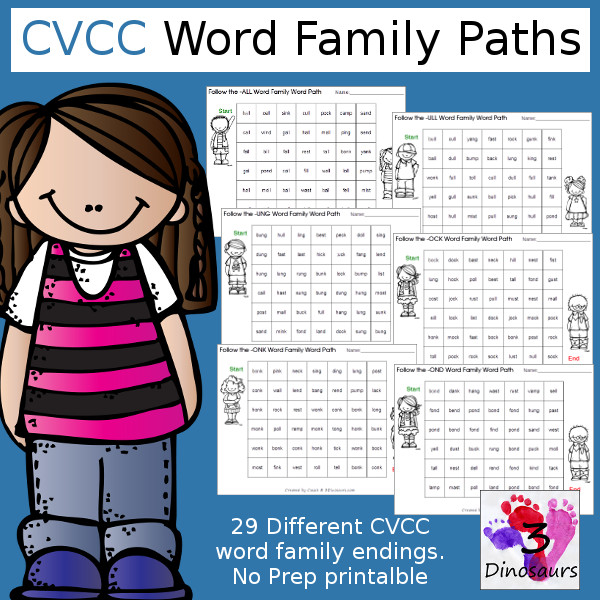 CVCC Word Family Word Paths: -all, -ill, -ell, -oll, -ull, -ing, -ang, -ung, -ong, -ast, -ist, -ust, -ost, -est, -ack, -ick, -ock, -uck, -and, -end, -ind, -ond, -und, ink, -unk, -onk, -amp, -imp, -ump - 3Dinosaurs.com