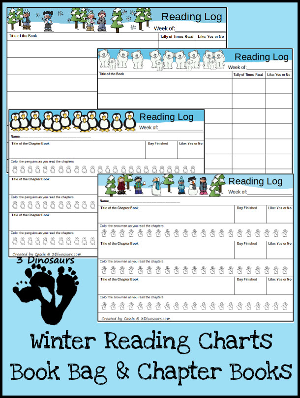 Free Weekly Winter 2015 Reading Charts - Book Bag & Chapter Books - 4 different pages to pick from - 3Dinosaurs.com