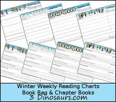 Free Weekly Winter 2015 Reading Charts - Book Bag & Chapter Books - 4 different pages to pick from - 3Dinosaurs.com